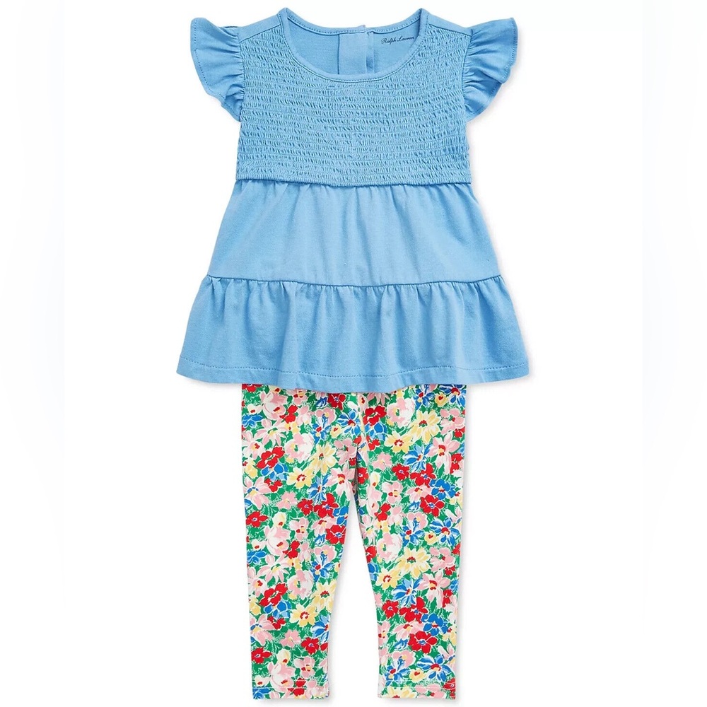 RALPH LAUREN Baby Girls 2-Pc. Shirred Top & Floral Leggings 18 Months EUC